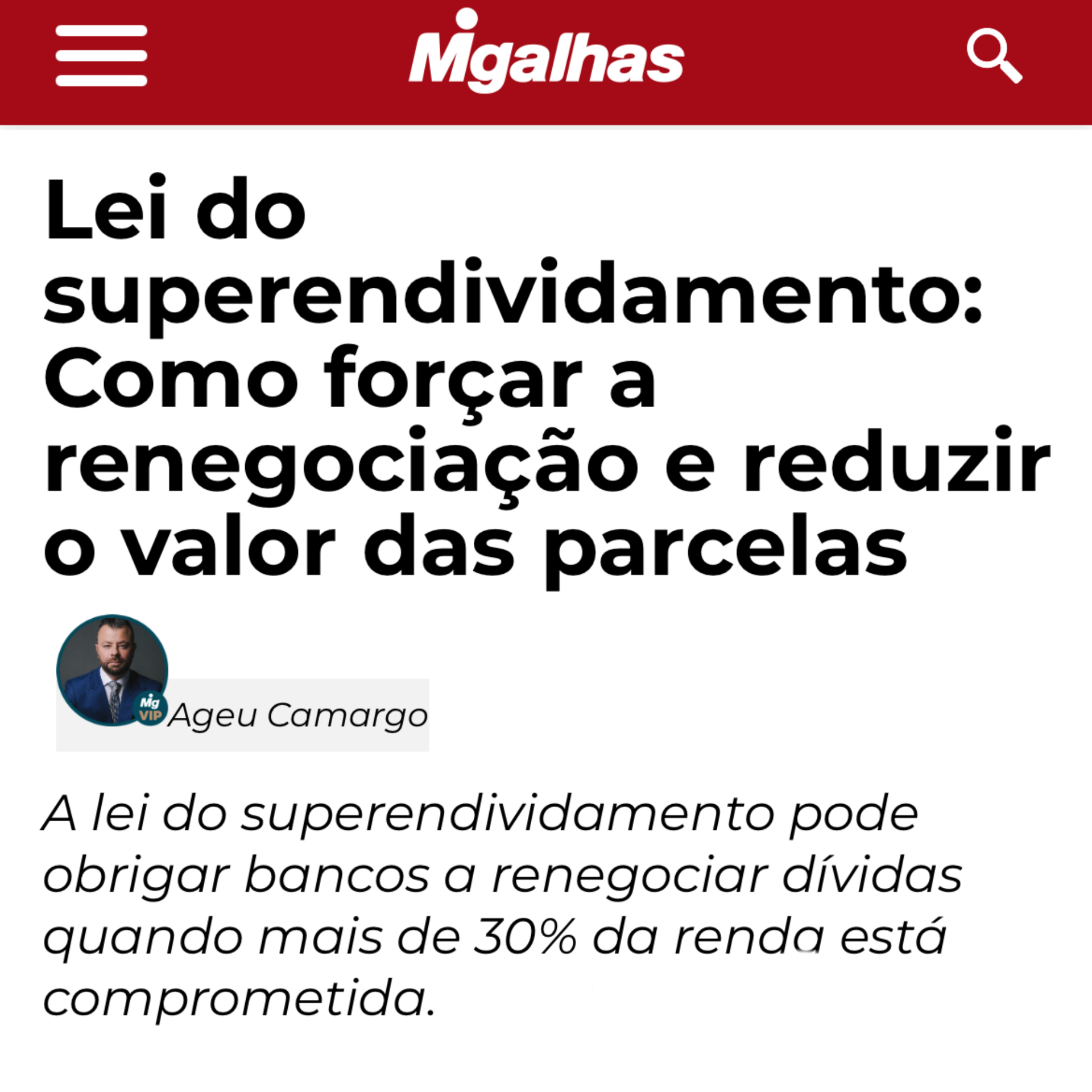 Manchete Migalhas: Lei do superendividamento: como forçar a renegociação e reduzir o valor das parcelas