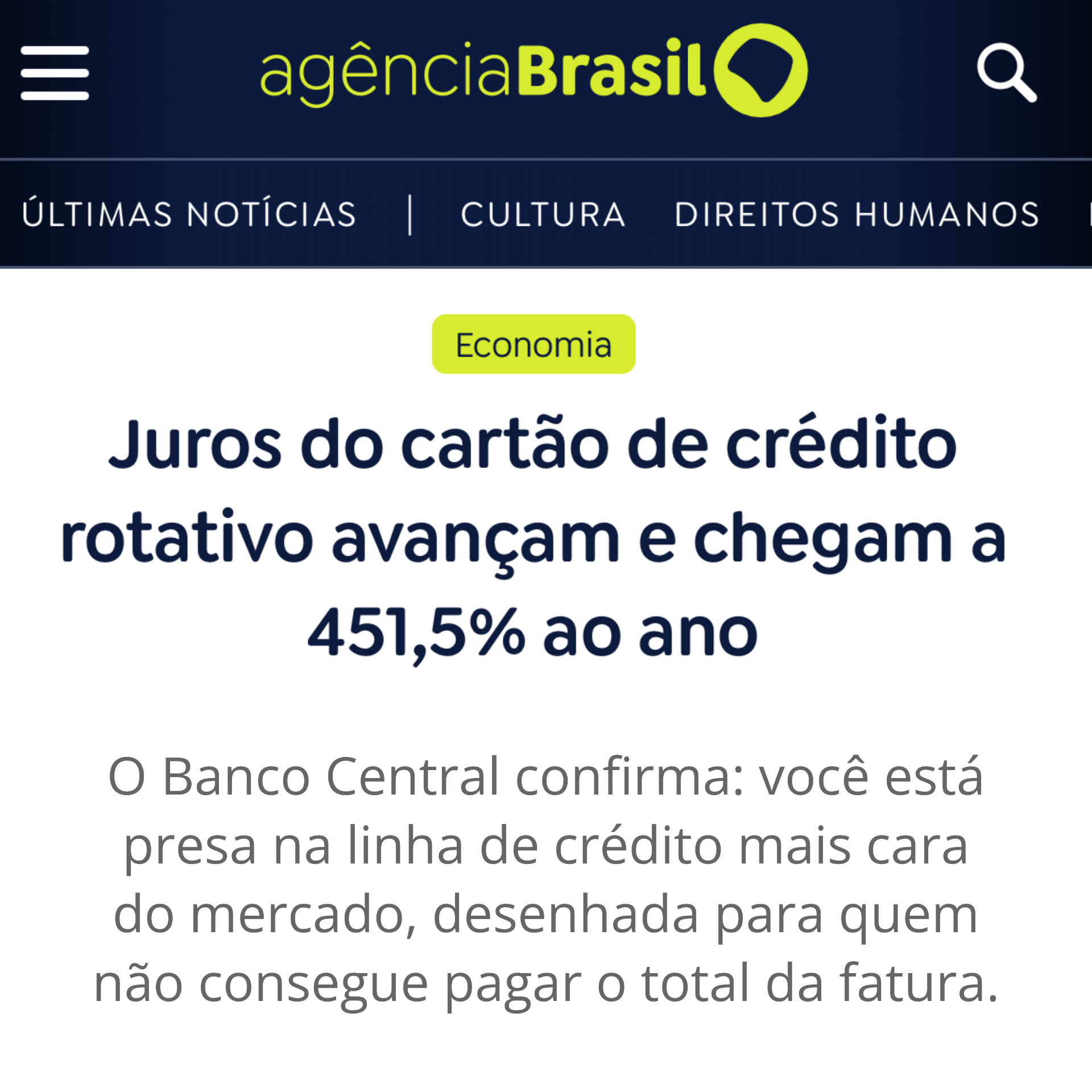 Manchete Agência Brasil: Juros do cartão de crédito rotativo avançam e chegam a 451,5% ao ano