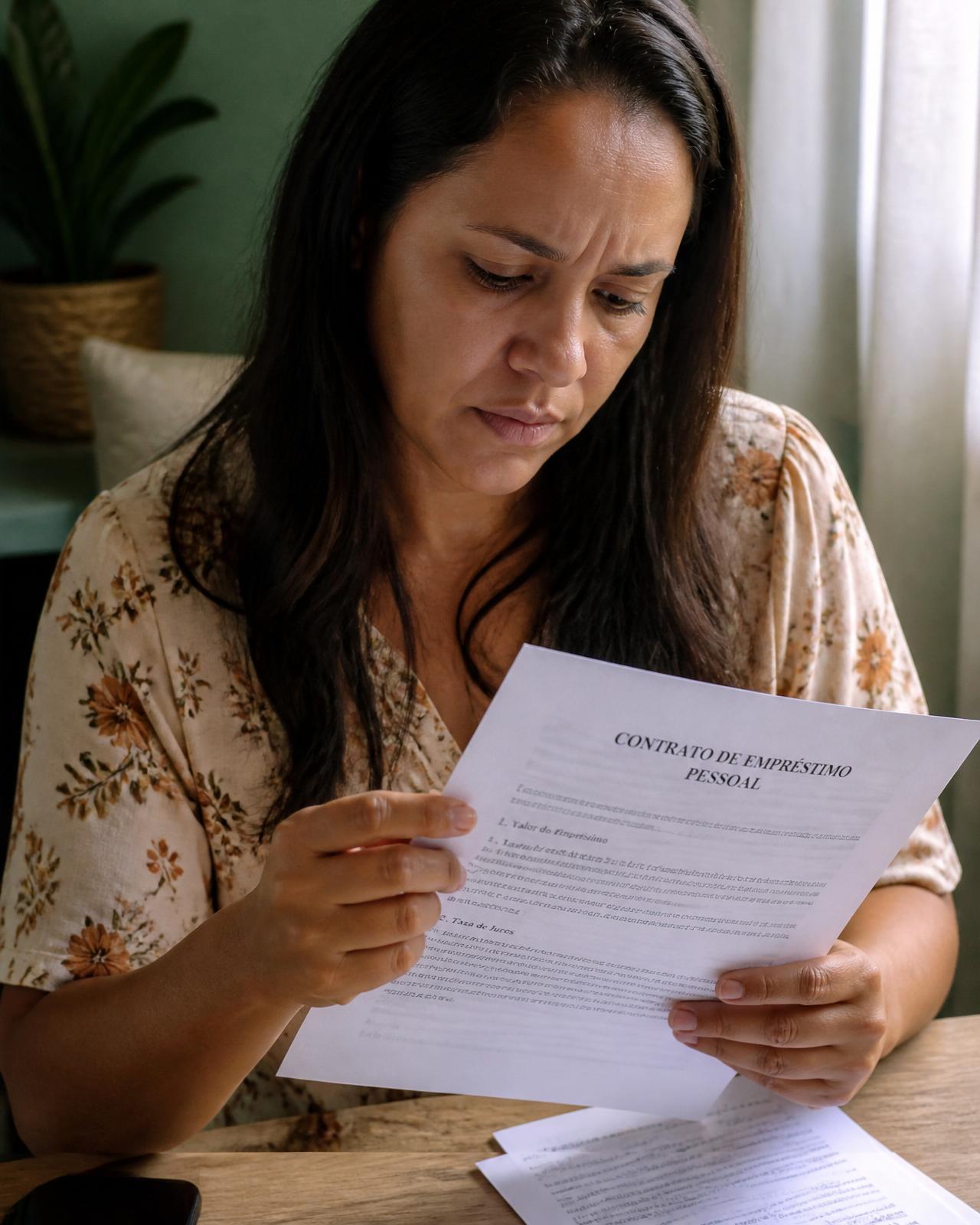 Mulher em casa analisando um contrato de empréstimo